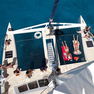 lounging on catamaran