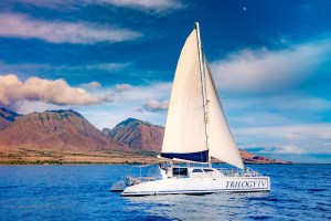 a blue and white boat sitting next to a body of water