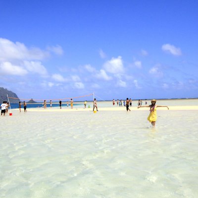 a group of people on a beach near a body of water
