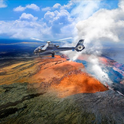 helicopter over volcano
