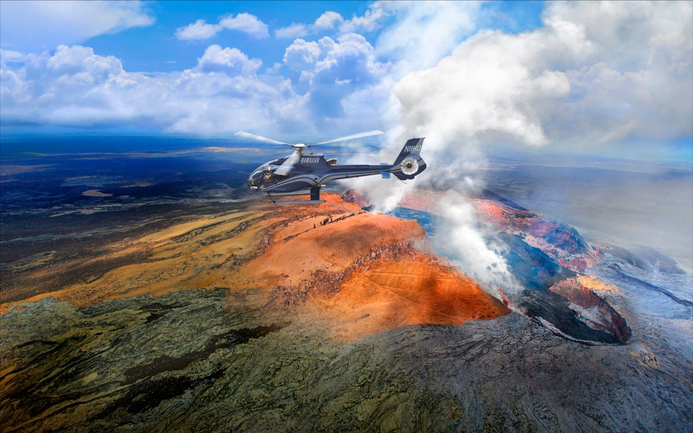 helicopter over volcano