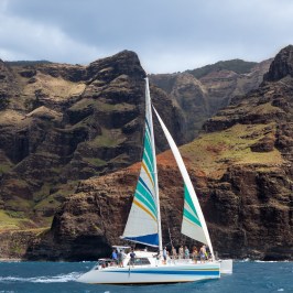 a small boat in a body of water with a mountain in the background