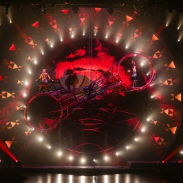 a close up of a stop light at night