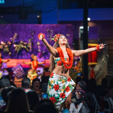 a person standing on a stage in front of a crowd