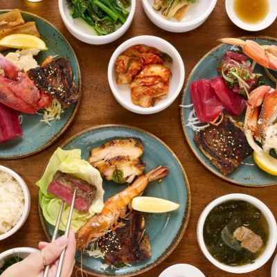 a bunch of different types of food on a plate