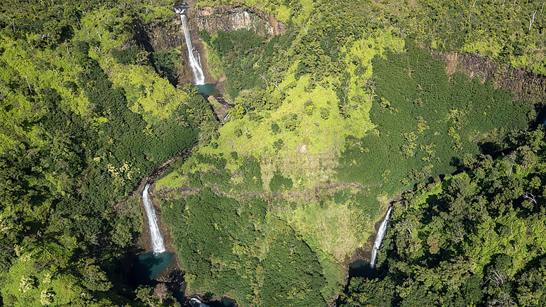 Aerial View Of Manawaiopuna Falls And Landscape Of Hawaiian Isla