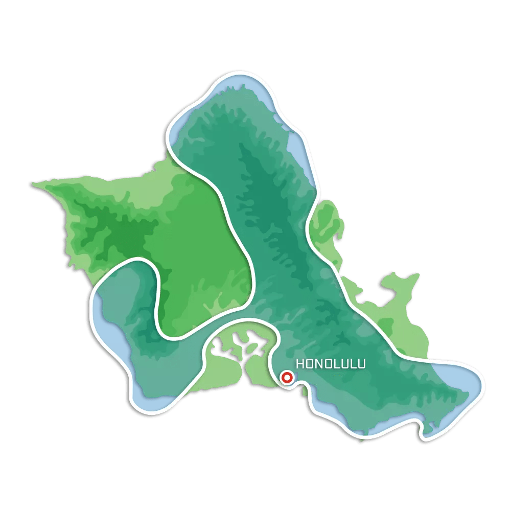 Stylized map of Oahu, highlighting mountains and coastline, with Honolulu marked.