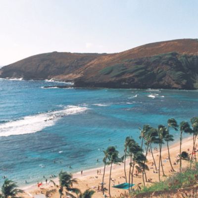 Scenic view of beach with palm trees and clear blue water, backed by volcanic hills.