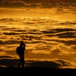 Silhouette of person taking photo against golden clouds at sunset.