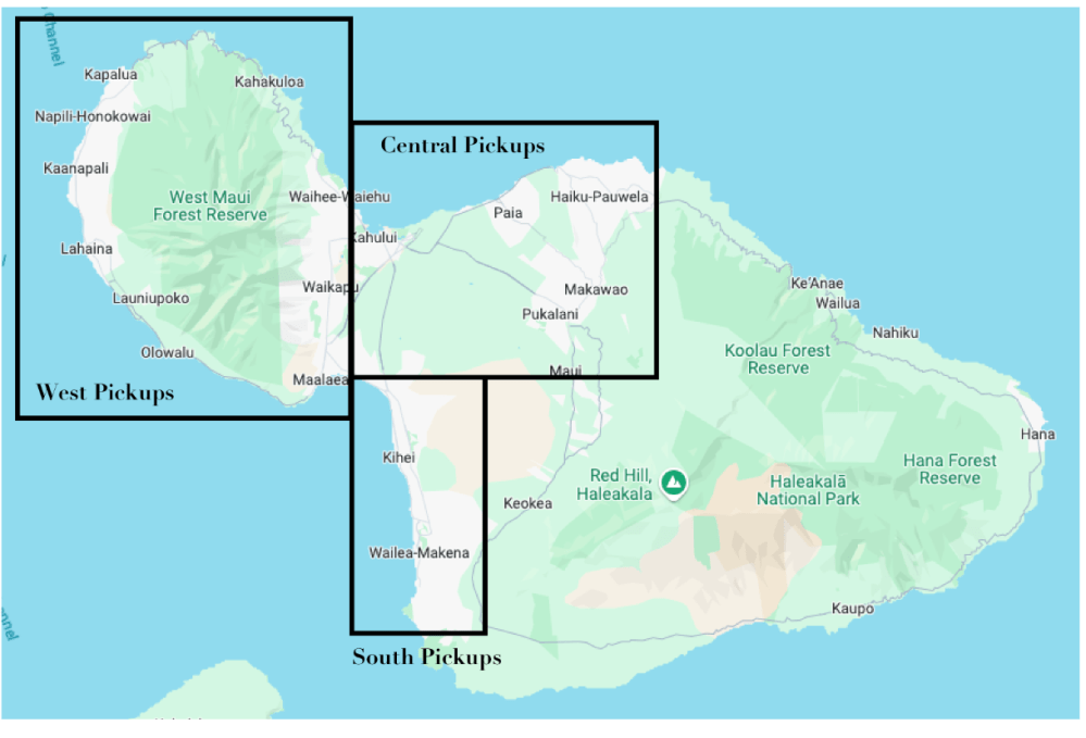 Map of Maui showing West, Central, and South pickups with forest reserves and national park.