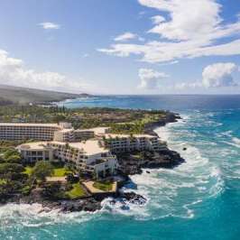 Aerial view of oceanfront resort surrounded by greenery and waves hitting the rocky shoreline.