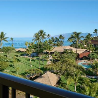Resort view with palm trees, pool, and ocean in the background under a clear blue sky.