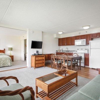 Hotel Room Kitchen, Bedroom and Living Room