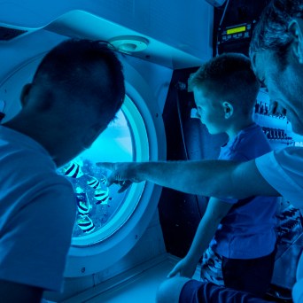 Three people in a submarine looking out of a circular window.