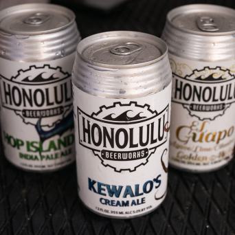 Three Honolulu Beerworks cans on a textured surface.