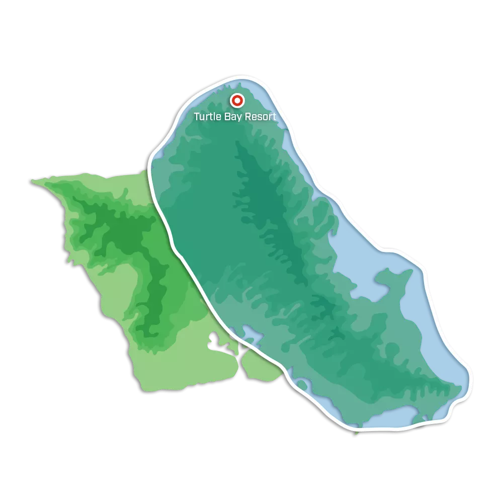 Blue Hawaiian Helicopter<br /> Turtle Bay Signature Map of an island with Turtle Bay Resort marked.