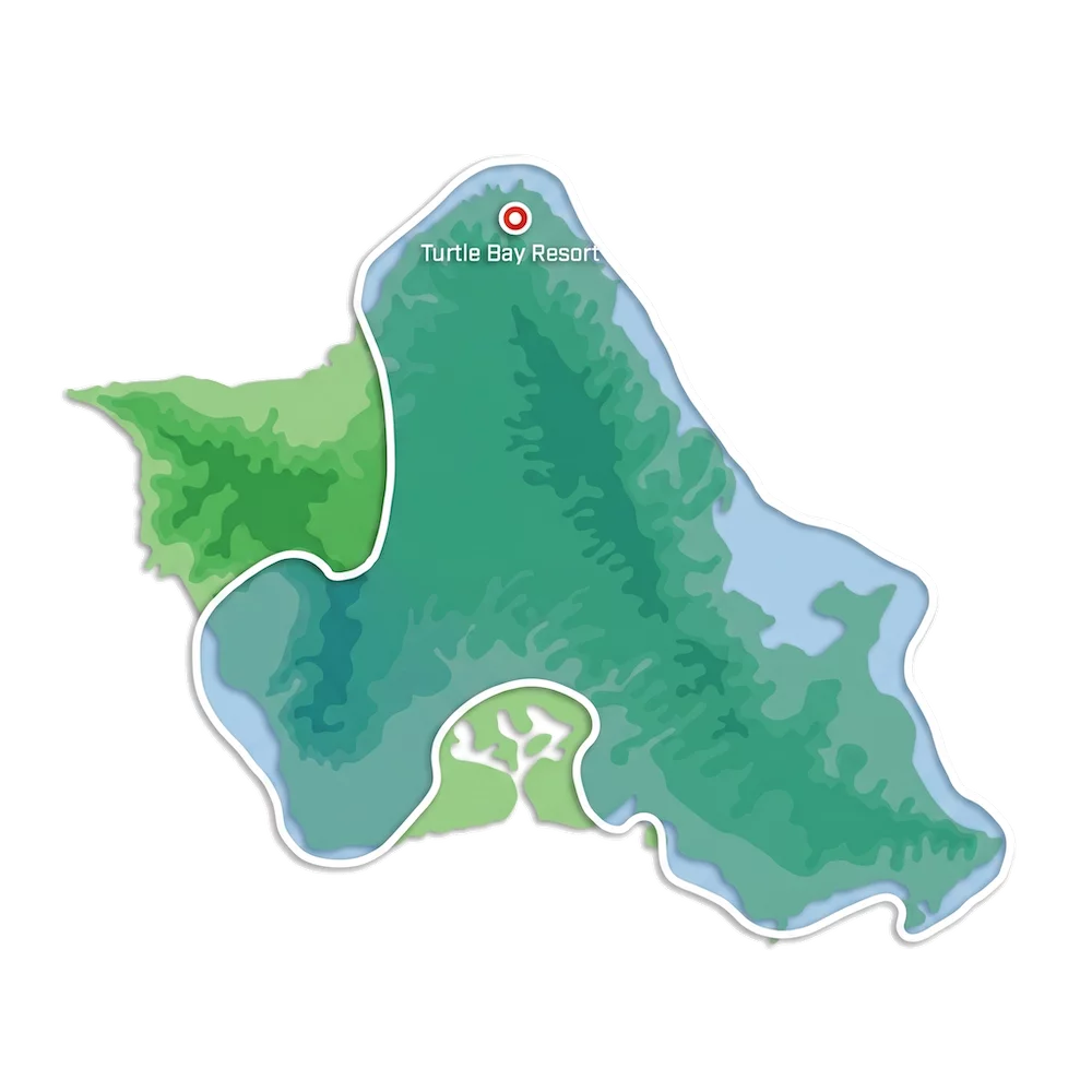 Blue Hawaiian Helicopter turtle Bay Signature. Illustrated map showing Turtle Bay Resort location on a green and blue shaped landmass.