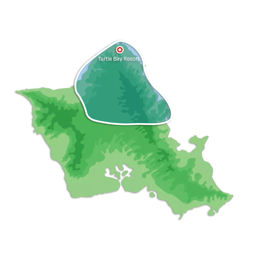 Blue Hawaiian Helicopter Discover north shore Map of an island with shaded green areas and a marked spot labeled Turtle Bay Resort.