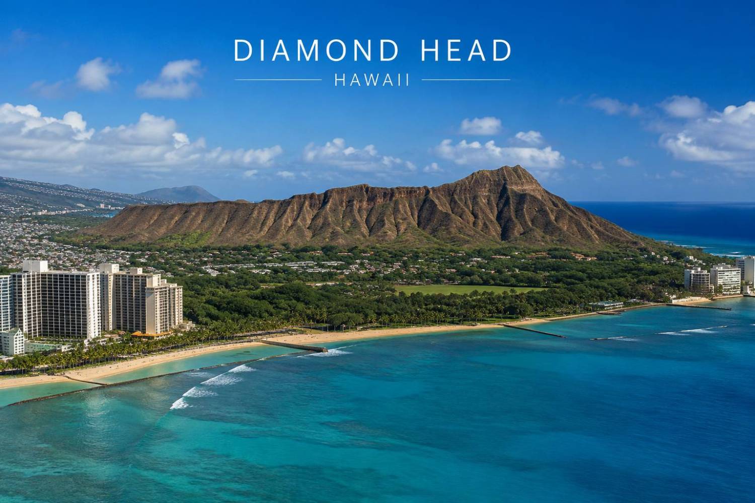 Aerial view of Diamond Head crater and beach in Hawaii with blue sky.