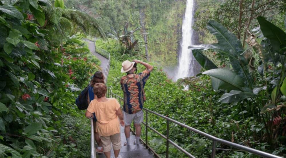 Three people on a path, viewing a tall waterfall surrounded by lush greenery.