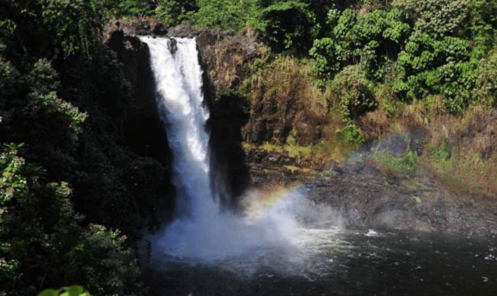 Waterfall surrounded by lush greenery and a visible rainbow.