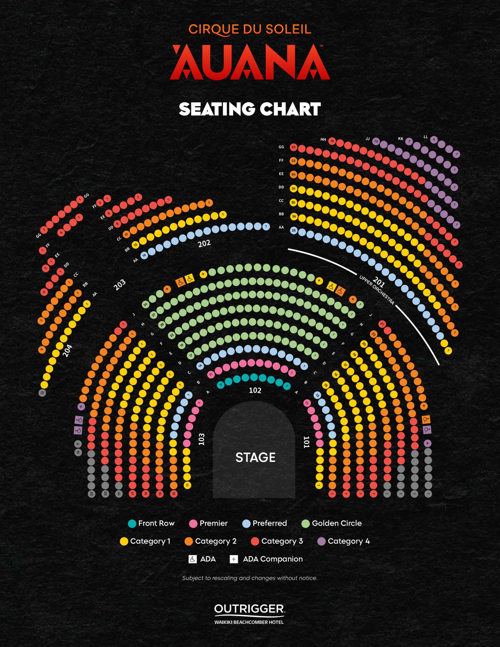 Color-coded seating chart for Cirque du Soleil AUANA with stage at bottom.
